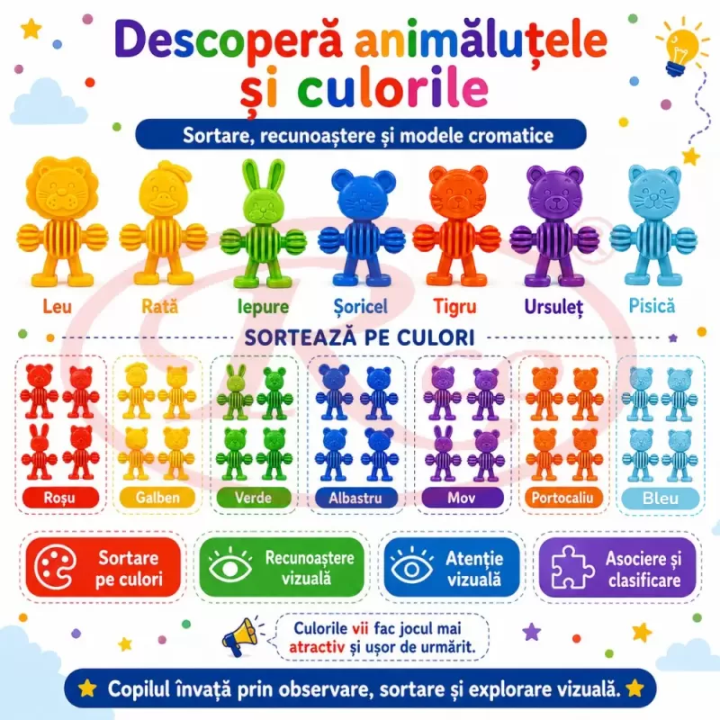 Set de constructie STEM Fun Blocks Educational cu aproximativ 34 de piese colorate in forme de animale si plansa cu modele