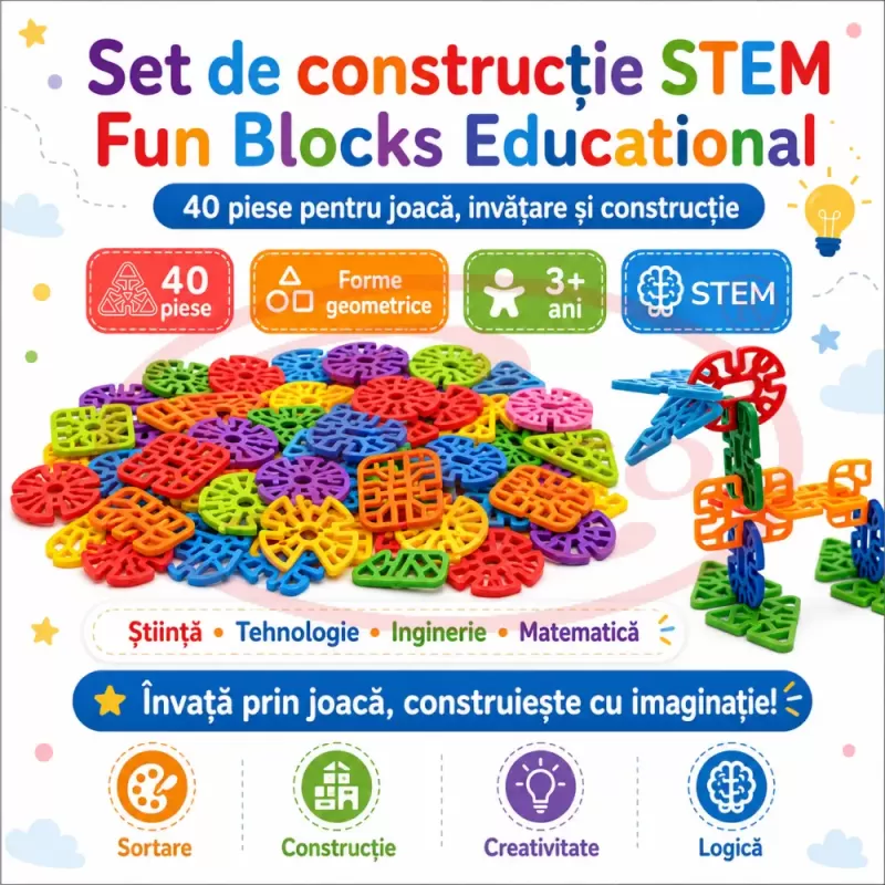 Set de constructie STEM Fun Blocks Educational cu 40 de piese colorate si plansa cu modele