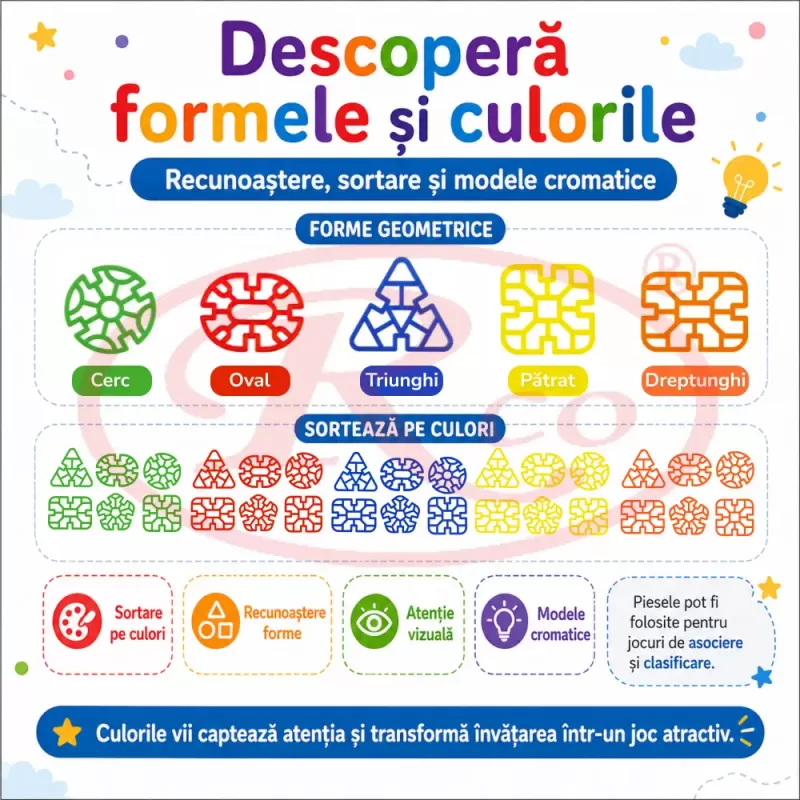 Set de constructie STEM Fun Blocks Educational cu 40 de piese colorate si plansa cu modele