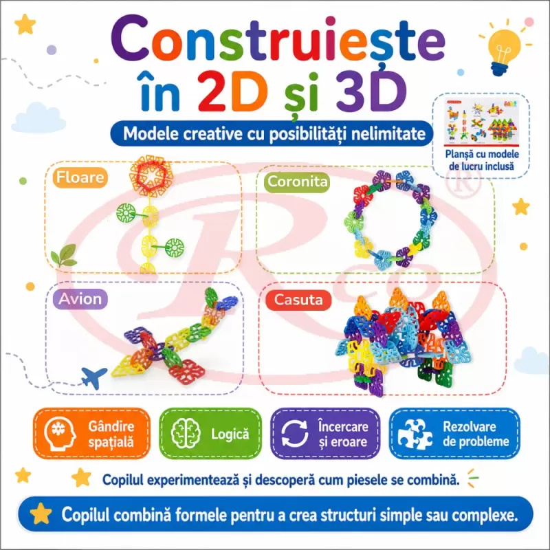 Set de constructie STEM Fun Blocks Educational cu 40 de piese colorate si plansa cu modele
