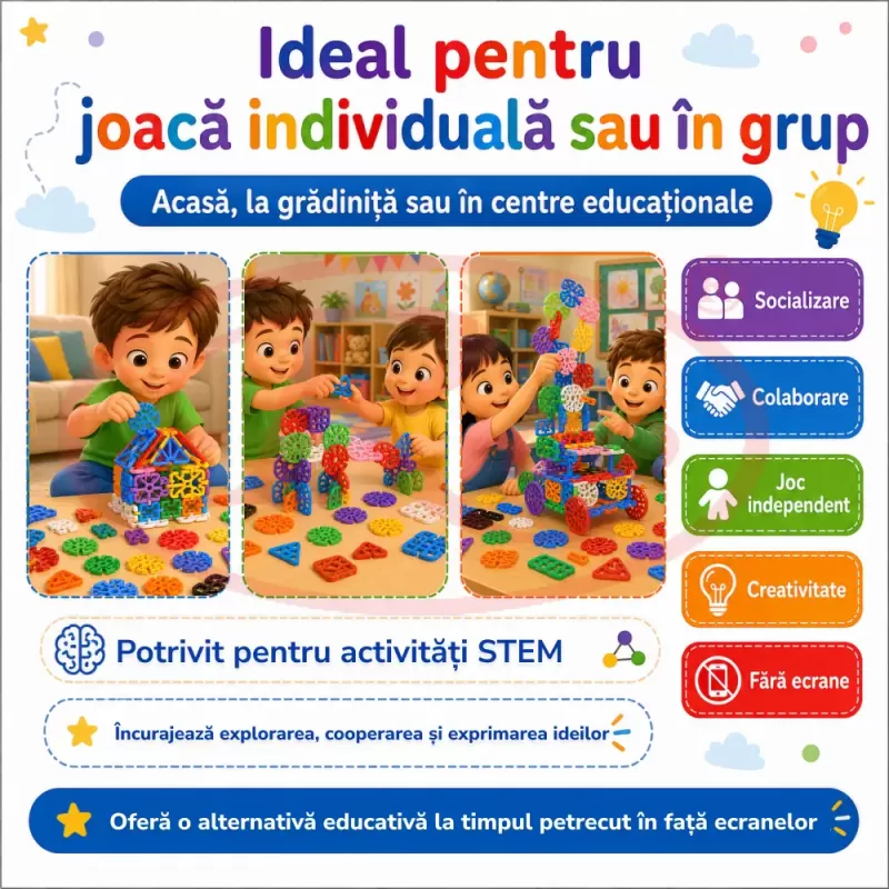 Set de constructie STEM Fun Blocks Educational cu 40 de piese colorate si plansa cu modele
