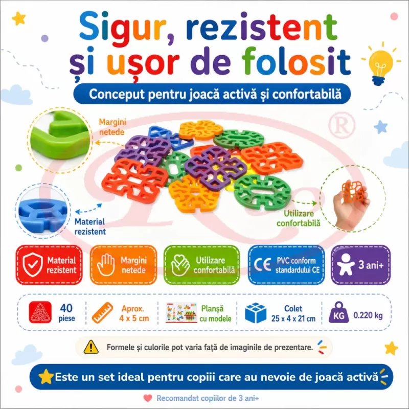 Set de constructie STEM Fun Blocks Educational cu 40 de piese colorate si plansa cu modele