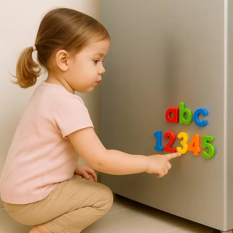 Set litere si cifre magnetice 78 piese, in cutie depozitare