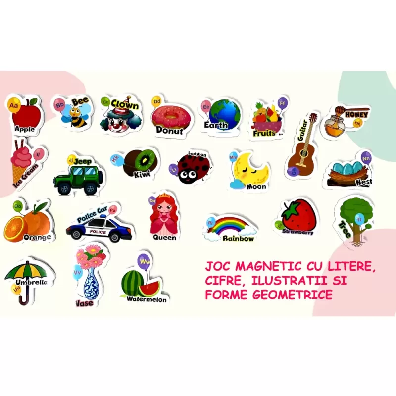 Joc magnetic STEM 210 piese cu litere, cifre, ilustratii si forme geometrice, 1 plansa magnetica fata-verso si 2 saculeti de depozitare, 3+ani