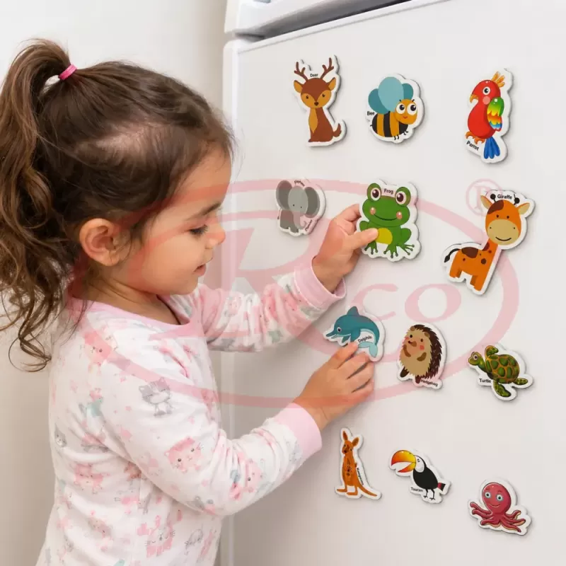 Set Magneti Educativi Lumea Animalelor din Spuma EVA, 64 Piese Magnetice Colorate, Invatare in Limba Engleza, 5+ Ani