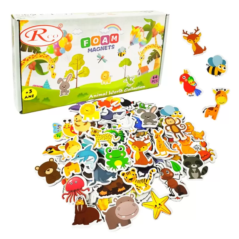 Set Magneti Educativi Lumea Animalelor din Spuma EVA, 64 Piese Magnetice Colorate, Invatare in Limba Engleza, 5+ Ani