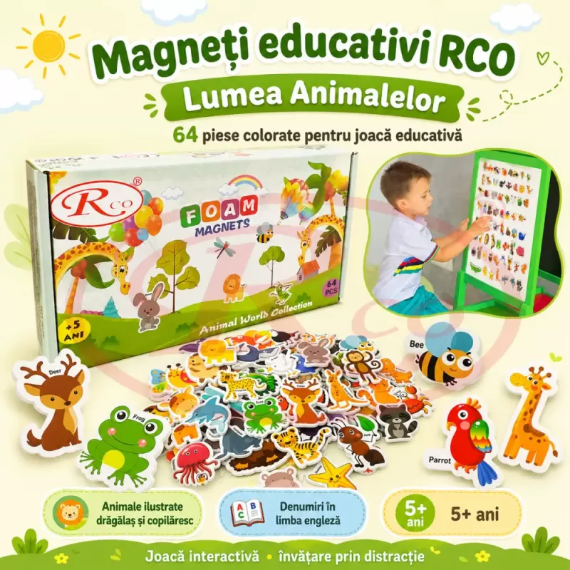Set Magneti Educativi Lumea Animalelor din Spuma EVA, 64 Piese Magnetice Colorate, Invatare in Limba Engleza, 5+ Ani