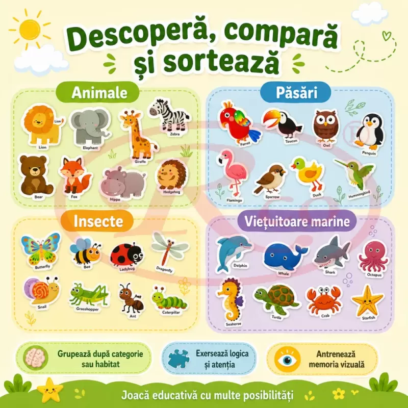 Set Magneti Educativi Lumea Animalelor din Spuma EVA, 64 Piese Magnetice Colorate, Invatare in Limba Engleza, 5+ Ani
