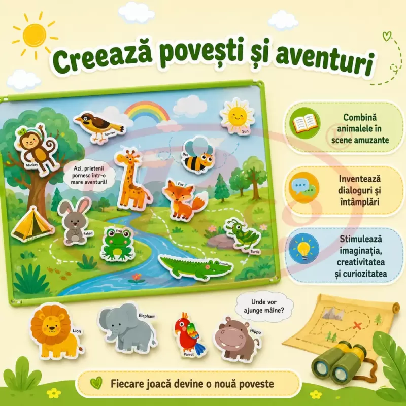 Set Magneti Educativi Lumea Animalelor din Spuma EVA, 64 Piese Magnetice Colorate, Invatare in Limba Engleza, 5+ Ani