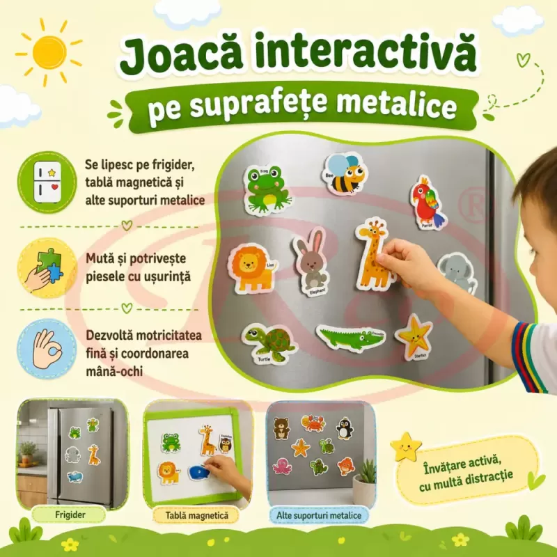 Set Magneti Educativi Lumea Animalelor din Spuma EVA, 64 Piese Magnetice Colorate, Invatare in Limba Engleza, 5+ Ani