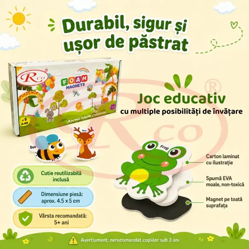 Set Magneti Educativi Lumea Animalelor din Spuma EVA, 64 Piese Magnetice Colorate, Invatare in Limba Engleza, 5+ Ani