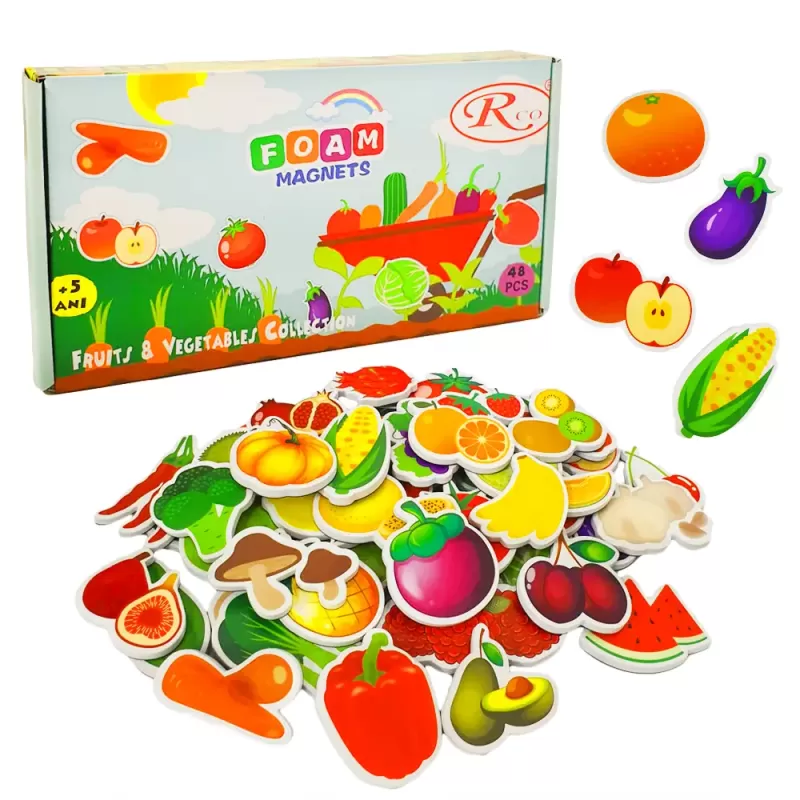 Set Magneti Educativi Fructe si Legume din Spuma EVA, 48 Piese Magnetice Colorate, Joc de Invatare, 5+ Ani