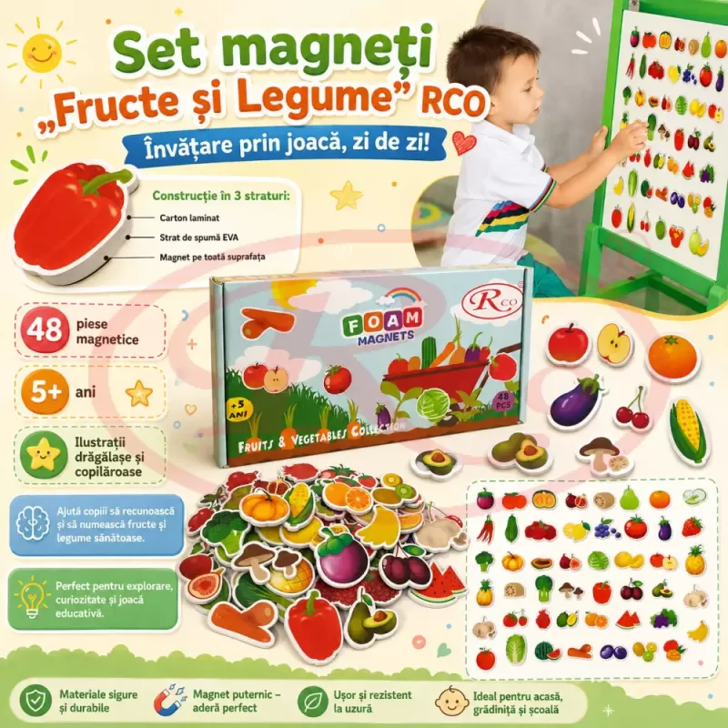 Set Magneti Educativi Fructe si Legume din Spuma EVA, 48 Piese Magnetice Colorate, Joc de Invatare, 5+ Ani