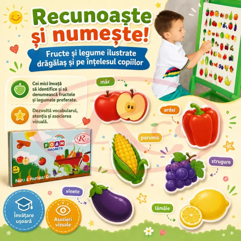 Set Magneti Educativi Fructe si Legume din Spuma EVA, 48 Piese Magnetice Colorate, Joc de Invatare, 5+ Ani