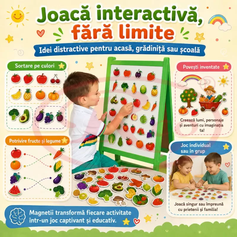 Set Magneti Educativi Fructe si Legume din Spuma EVA, 48 Piese Magnetice Colorate, Joc de Invatare, 5+ Ani