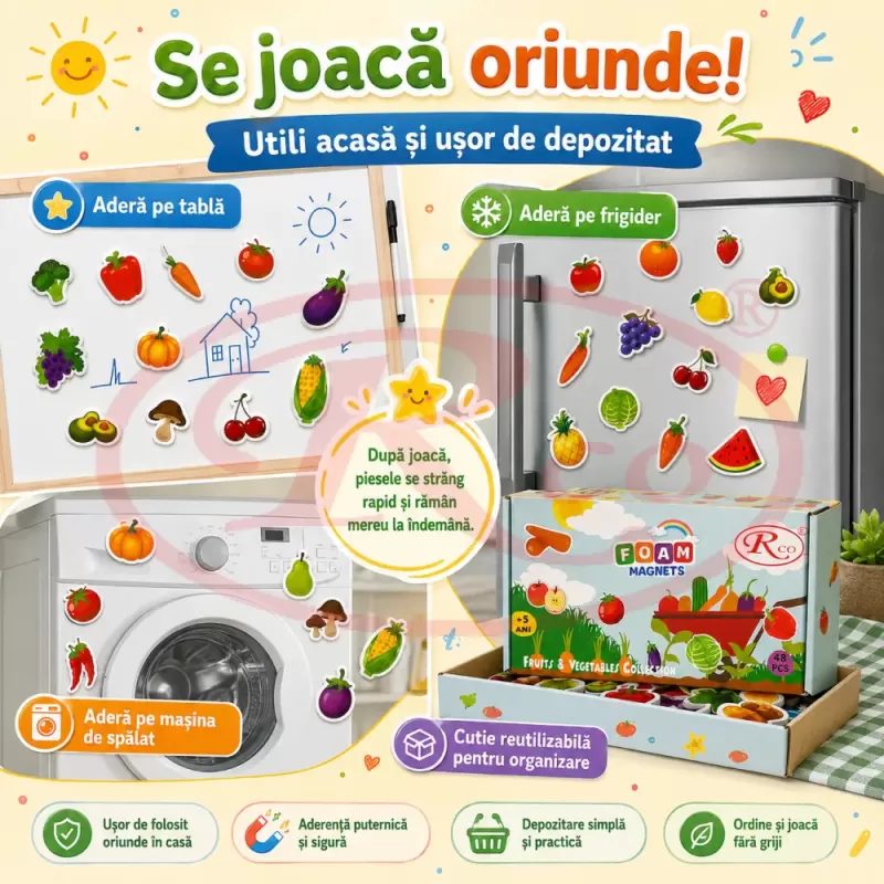 Set Magneti Educativi Fructe si Legume din Spuma EVA, 48 Piese Magnetice Colorate, Joc de Invatare, 5+ Ani