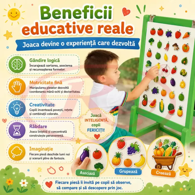 Set Magneti Educativi Fructe si Legume din Spuma EVA, 48 Piese Magnetice Colorate, Joc de Invatare, 5+ Ani