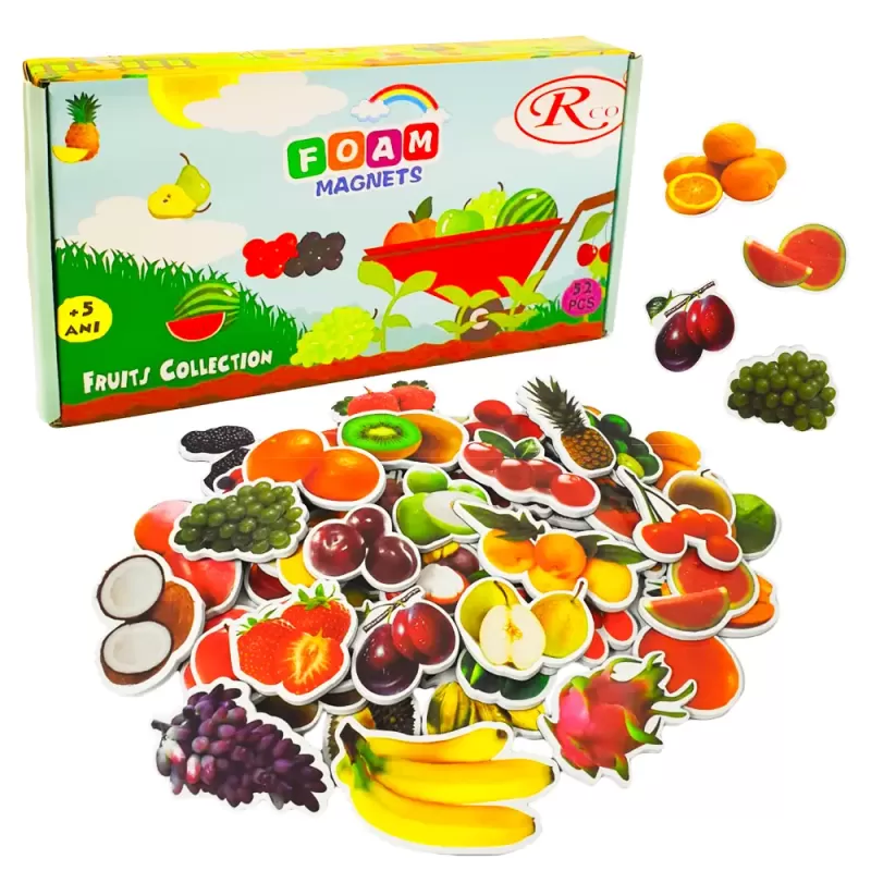 Set Magneti Educativi Fructe din Spuma EVA, 52 Piese Magnetice Colorate, Joc de Invatare, 5+ Ani