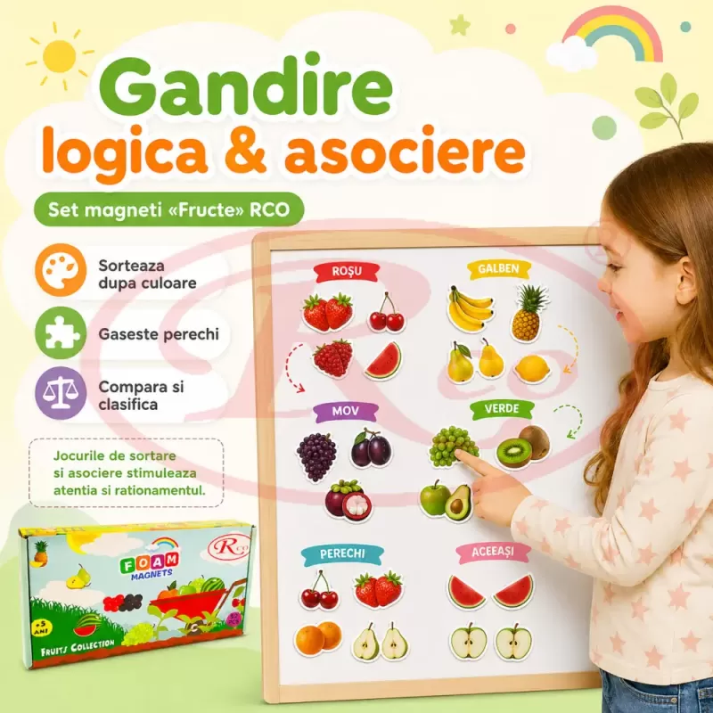 Set Magneti Educativi Fructe din Spuma EVA, 52 Piese Magnetice Colorate, Joc de Invatare, 5+ Ani