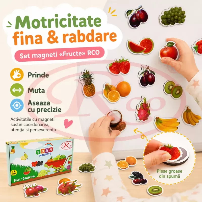 Set Magneti Educativi Fructe din Spuma EVA, 52 Piese Magnetice Colorate, Joc de Invatare, 5+ Ani