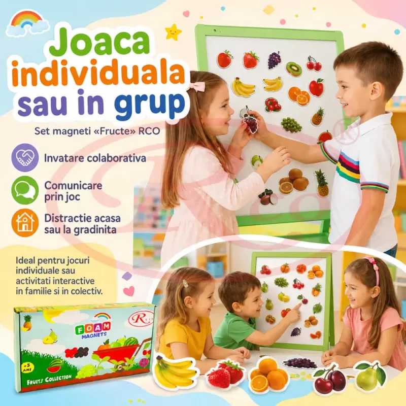 Set Magneti Educativi Fructe din Spuma EVA, 52 Piese Magnetice Colorate, Joc de Invatare, 5+ Ani