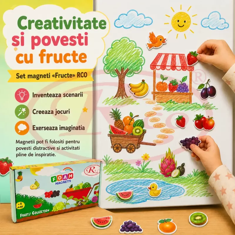 Set Magneti Educativi Fructe din Spuma EVA, 52 Piese Magnetice Colorate, Joc de Invatare, 5+ Ani