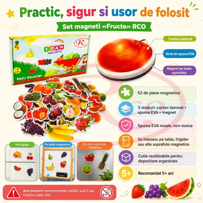 Set Magneti Educativi Fructe din Spuma EVA, 52 Piese Magnetice Colorate, Joc de Invatare, 5+ Ani