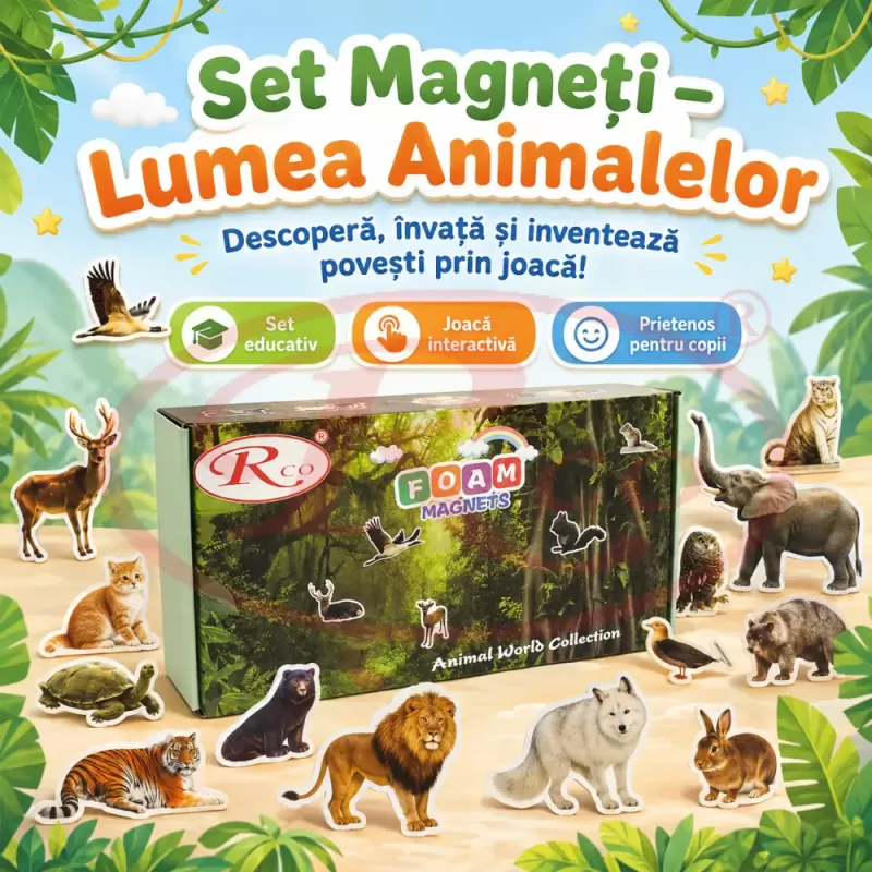 Set Magneti Educativi Lumea animalelor din Spuma EVA, 47 Piese Magnetice Colorate, Joc de Invatare, 5+ Ani