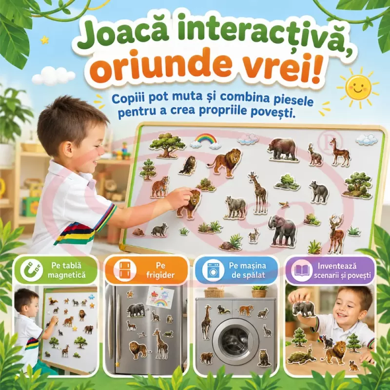 Set Magneti Educativi Lumea animalelor din Spuma EVA, 47 Piese Magnetice Colorate, Joc de Invatare, 5+ Ani