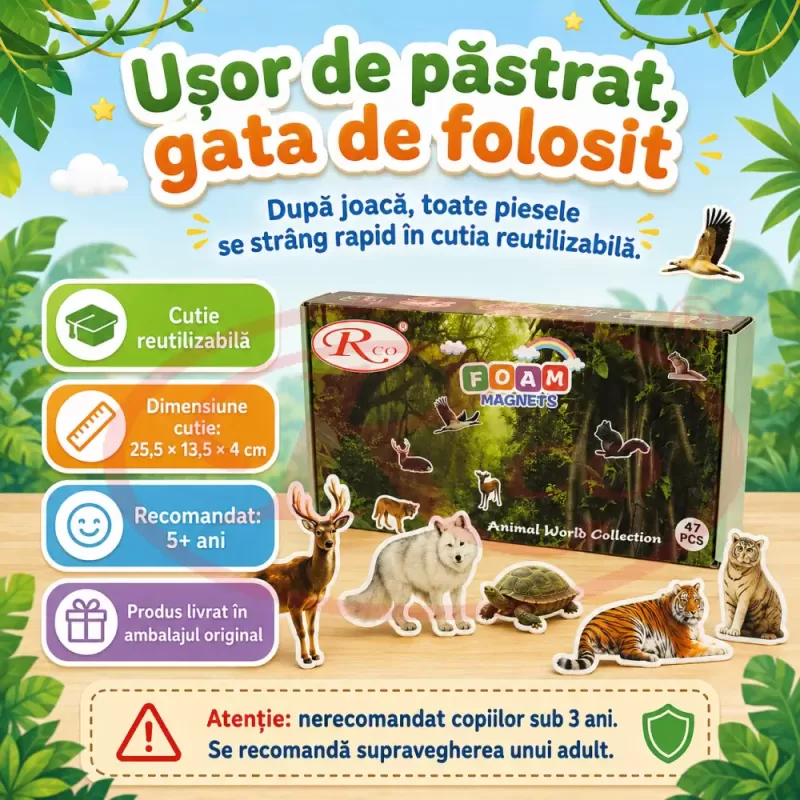 Set Magneti Educativi Lumea animalelor din Spuma EVA, 47 Piese Magnetice Colorate, Joc de Invatare, 5+ Ani