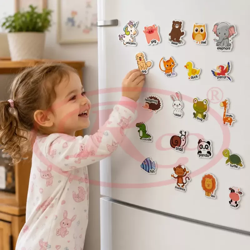 Set Magneti Educativi Lumea Animalelor din Spuma EVA, 47 Piese Magnetice Colorate, Invatare in Limba Engleza, 5+ Ani