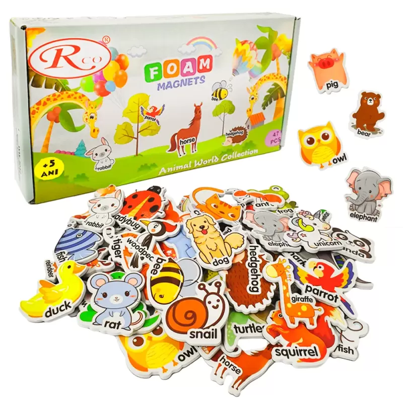 Set Magneti Educativi Lumea Animalelor din Spuma EVA, 47 Piese Magnetice Colorate, Invatare in Limba Engleza, 5+ Ani
