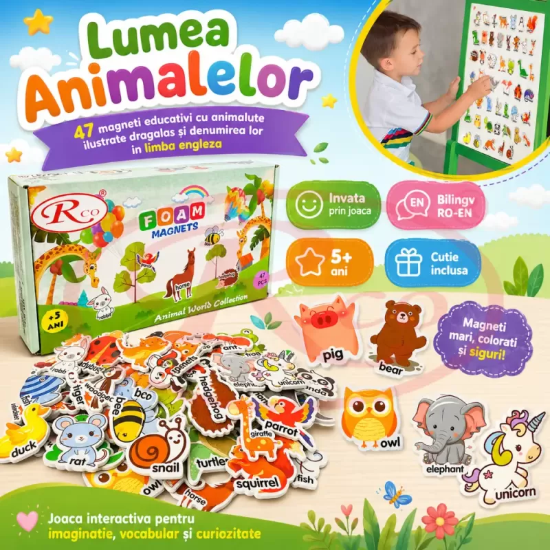 Set Magneti Educativi Lumea Animalelor din Spuma EVA, 47 Piese Magnetice Colorate, Invatare in Limba Engleza, 5+ Ani