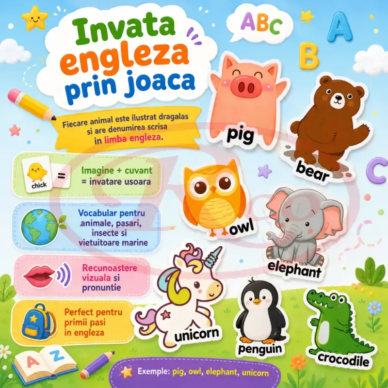 Set Magneti Educativi Lumea Animalelor din Spuma EVA, 47 Piese Magnetice Colorate, Invatare in Limba Engleza, 5+ Ani