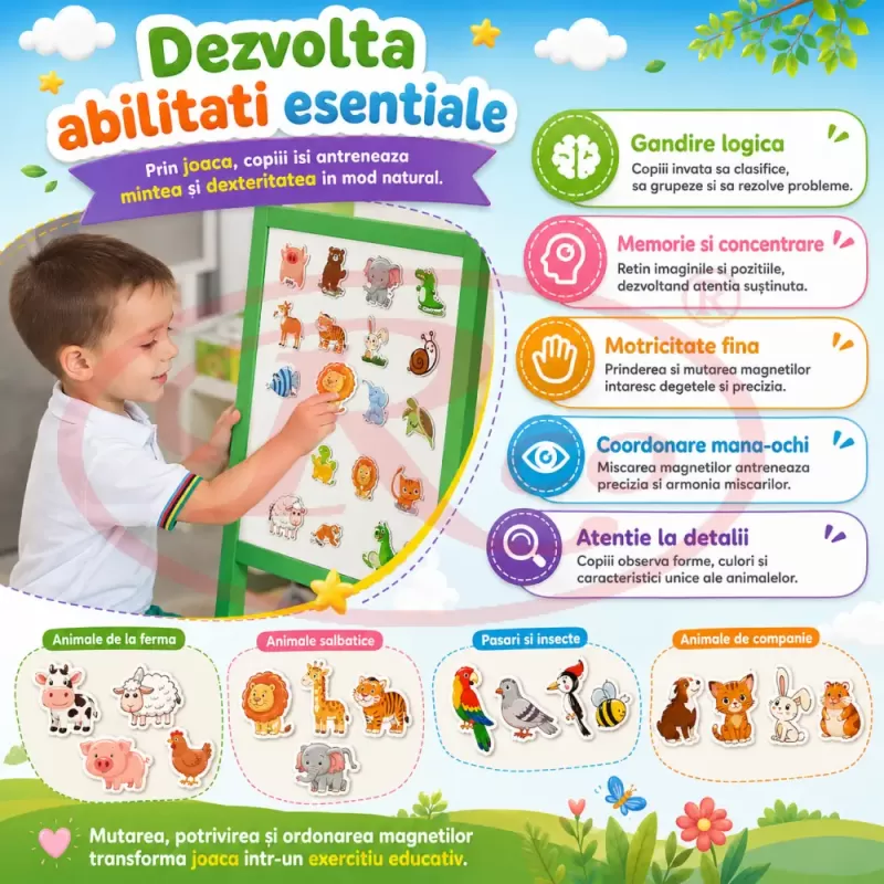 Set Magneti Educativi Lumea Animalelor din Spuma EVA, 47 Piese Magnetice Colorate, Invatare in Limba Engleza, 5+ Ani