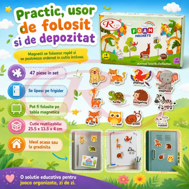 Set Magneti Educativi Lumea Animalelor din Spuma EVA, 47 Piese Magnetice Colorate, Invatare in Limba Engleza, 5+ Ani