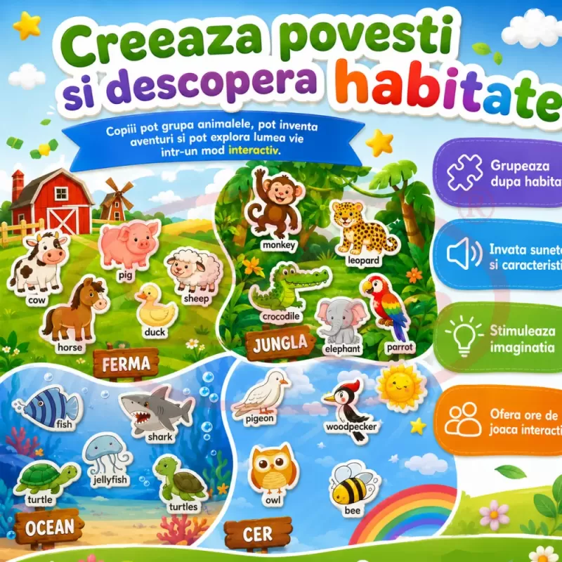 Set Magneti Educativi Lumea Animalelor din Spuma EVA, 47 Piese Magnetice Colorate, Invatare in Limba Engleza, 5+ Ani