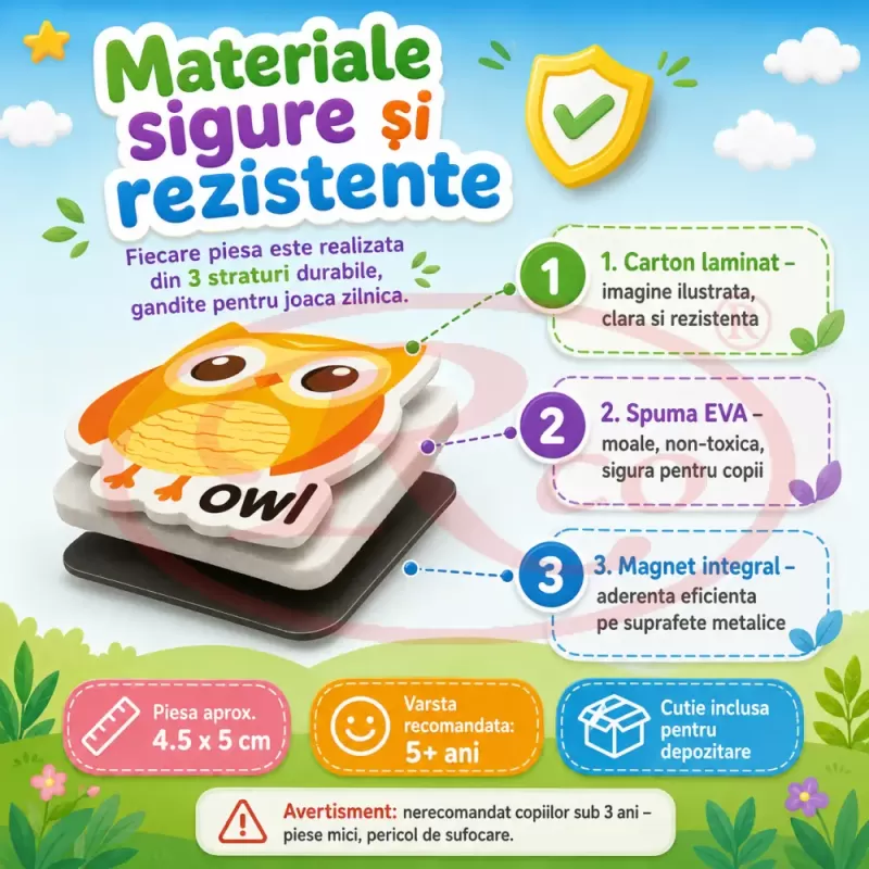Set Magneti Educativi Lumea Animalelor din Spuma EVA, 47 Piese Magnetice Colorate, Invatare in Limba Engleza, 5+ Ani