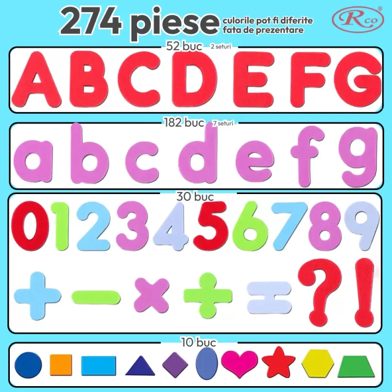 Set Magnetic STEM 274 Piese cu Litere, Cifre si Simboluri Matematice din spuma EVA – Cu Plansa Magnetica Fata/Verso