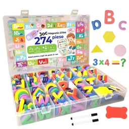 Set Magnetic STEM 274 Piese cu Litere, Cifre si Simboluri Matematice din spuma EVA – Cu Plansa Magnetica Fata/Verso