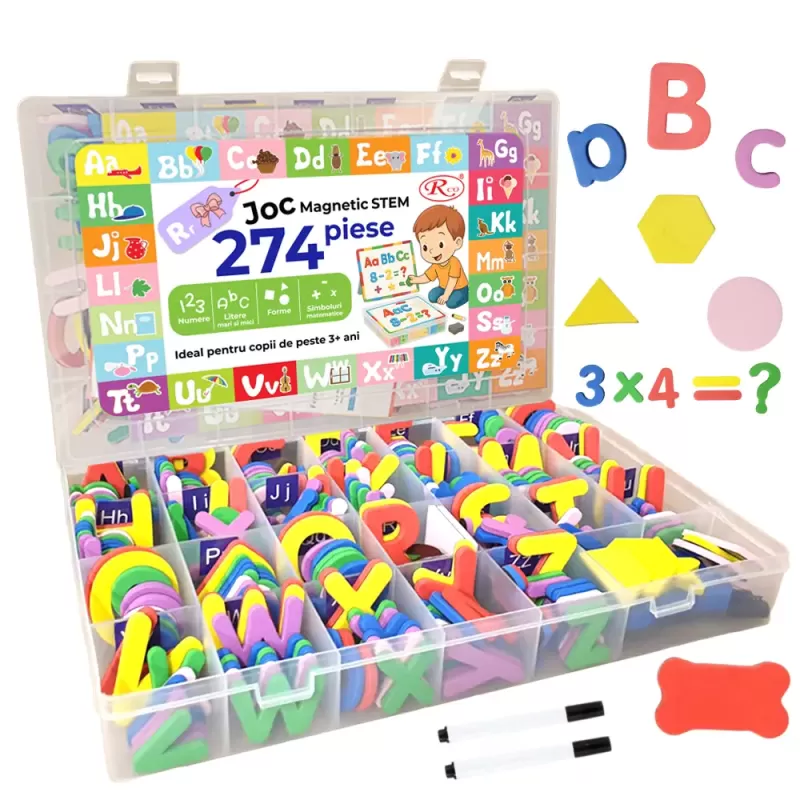 Set Magnetic STEM 274 Piese cu Litere, Cifre si Simboluri Matematice din spuma EVA – Cu Plansa Magnetica Fata/Verso