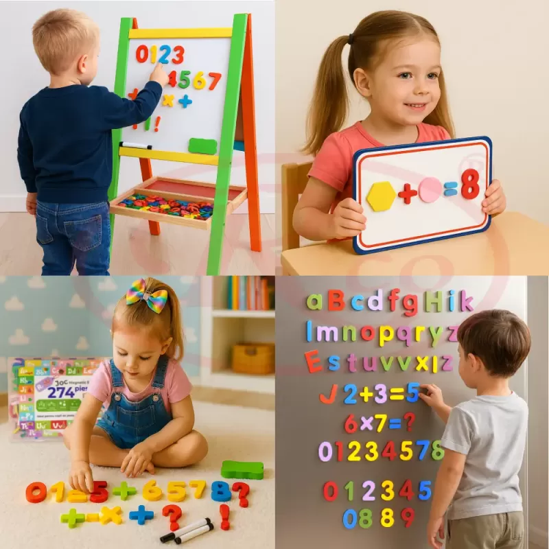 Set Magnetic STEM 274 Piese cu Litere, Cifre si Simboluri Matematice din spuma EVA – Cu Plansa Magnetica Fata/Verso