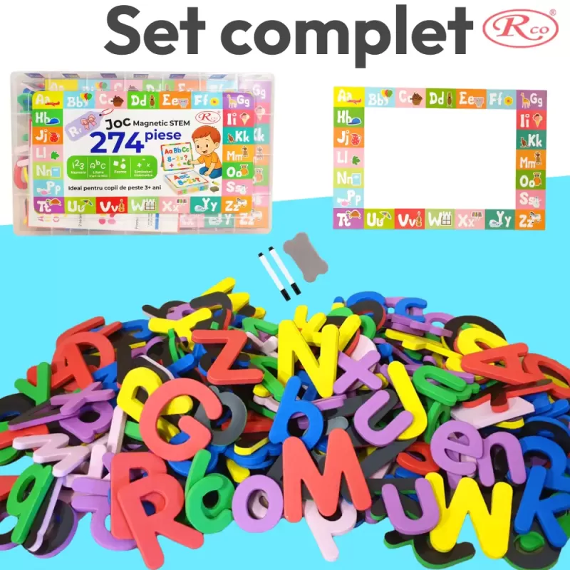 Set Magnetic STEM 274 Piese cu Litere, Cifre si Simboluri Matematice din spuma EVA – Cu Plansa Magnetica Fata/Verso