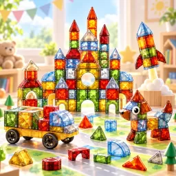 Set magnetic de constructie STEM cu piese translucide colorate tip vitrarii – joc educativ pentru copii, 105 piese, 3 ani +