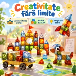 Set magnetic de constructie STEM cu piese translucide colorate tip vitrarii – joc educativ pentru copii, 105 piese, 3 ani +