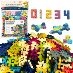 Set de constructie STEM – Fun Blocks Educational, piese patrate cu litere, numere, semne matematice, macarons, 480 piese