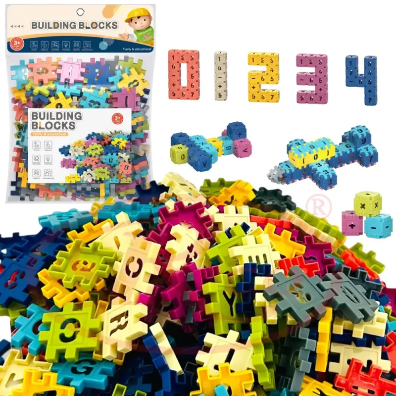 Set de constructie STEM Fun Blocks cu 480 de piese in culori macarons, litere, numere si simboluri matematice