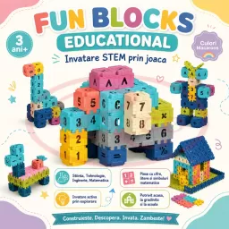 Set de constructie STEM – Fun Blocks Educational, piese patrate cu litere, numere, semne matematice, macarons, 480 piese