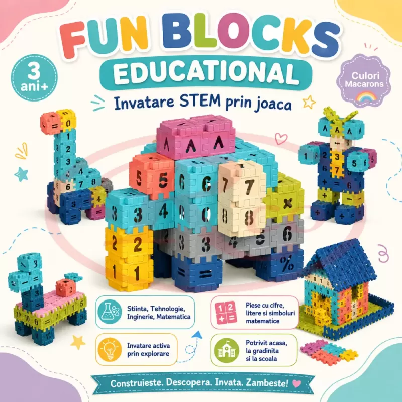 Set de constructie STEM Fun Blocks cu 480 de piese in culori macarons, litere, numere si simboluri matematice