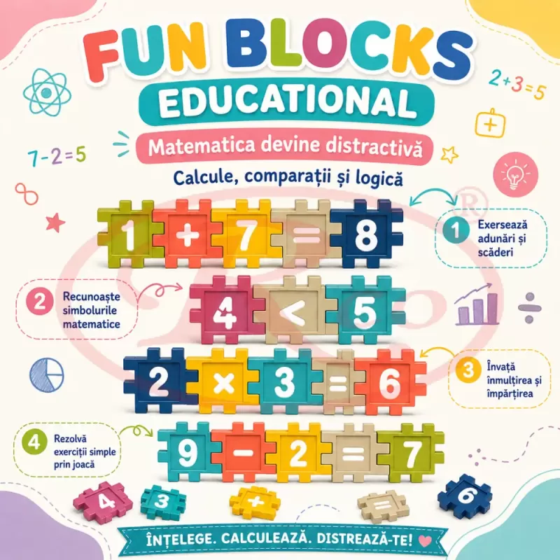 Set de constructie STEM Fun Blocks cu 480 de piese in culori macarons, litere, numere si simboluri matematice